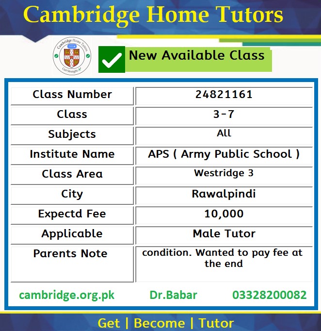 Home Tutor for Class 3-7 in Westridge 3 Rawalpindi
