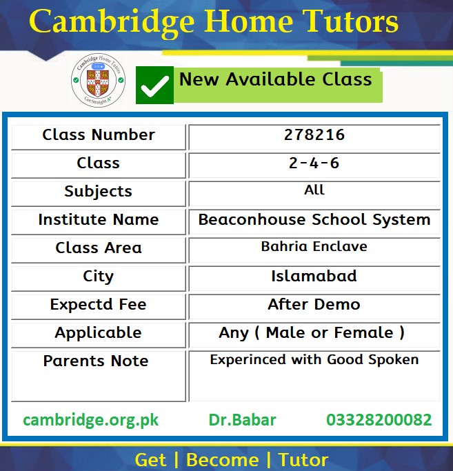 Home Tutor for Class 2-4-6 in Bahria Enclave Islamabad