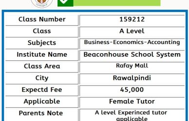 Tutor for A Level in Rafay Mall Rawalpindi