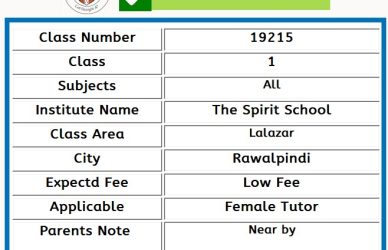 Home Tutor for Class 1 in Lalazar Rawalpindi