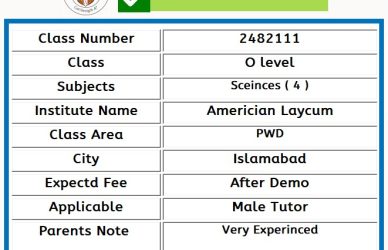 Home Tutor for Class O level in PWD Islamabad