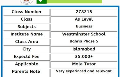 Tutor for As Level in Bahria Phase 5 Islamabad