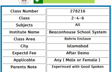 Home Tutor for Class 2-4-6 in Bahria Enclave Islamabad