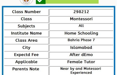 Tutor for Montessori in Bahria Islamabad