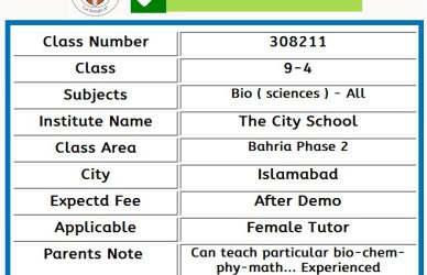 Home Tutor for Class 9-4 in Bahria Phase 2 Islamabad