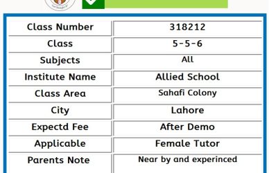 Home Tutor for Class 5-6 in Sahafi Colony Lahore
