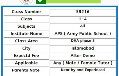 Home Tutor for Class 1-4 in DHA phase 2 Islamabad